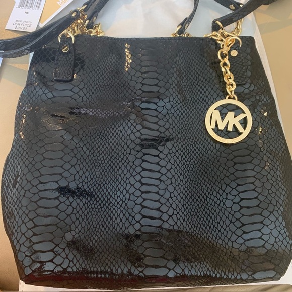 Michael Kors Jet Set Chain Black Messenger Embossed Leather 35F4GTCM2G Brand New - Picture 1 of 8